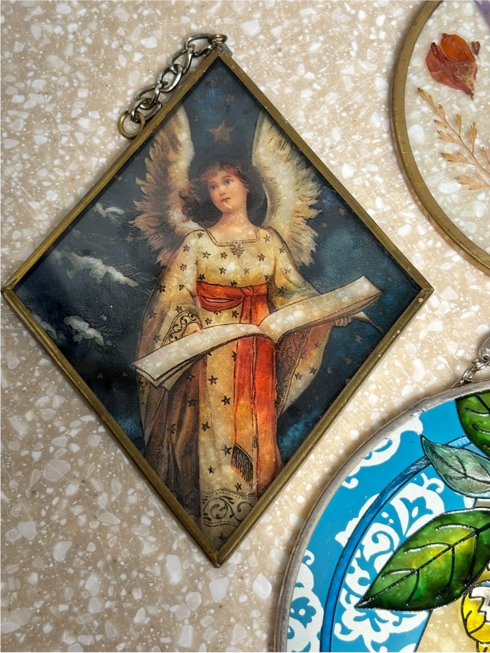 Vintage Angel Plaque with Gold Frame and Orange Sash